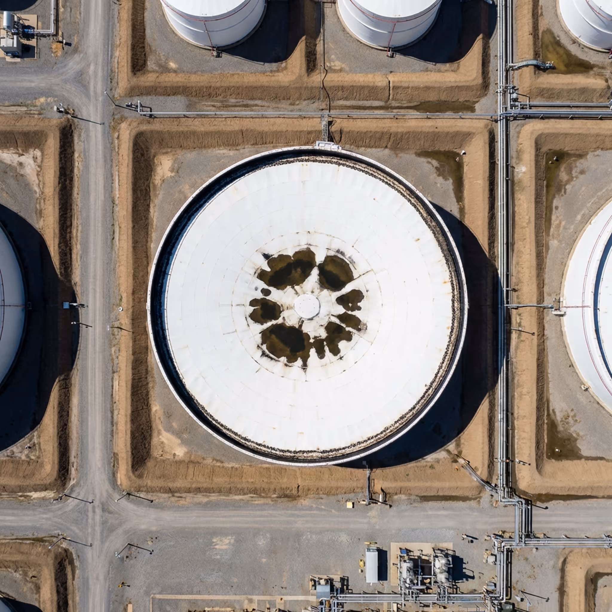 Top-down aerial of crude oil storage tanks with roof degradation