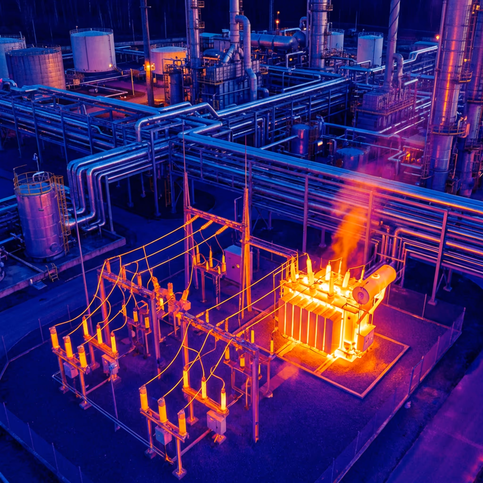 Overhead view of substation and transmission infrastructure