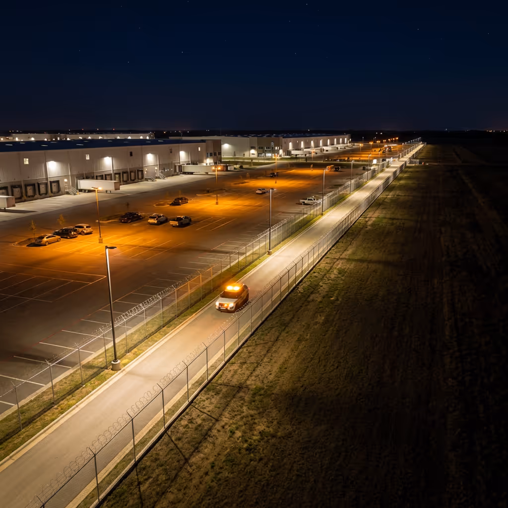 Scheduled drone perimeter patrol with AI-detected threats highlighted along a client fence line