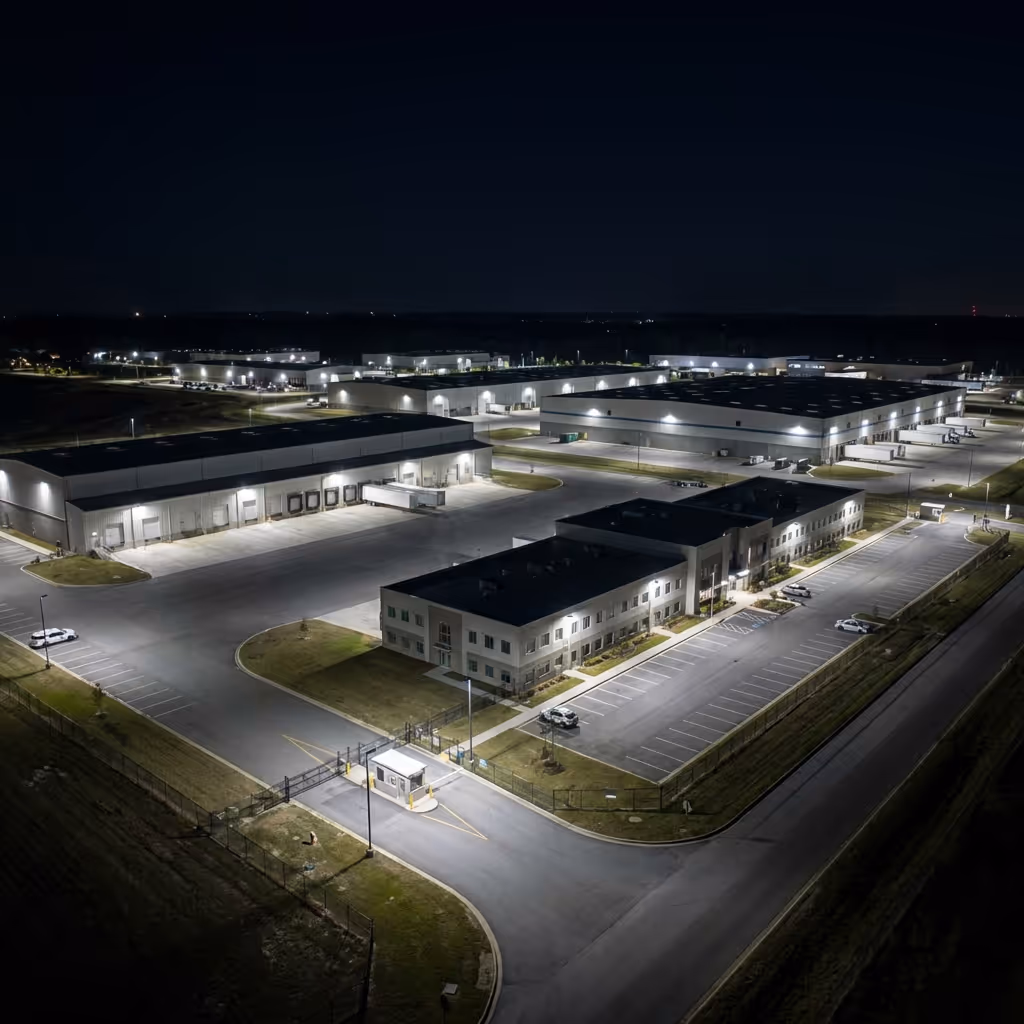 Nighttime aerial view of an unstaffed client facility with drone patrol coverage