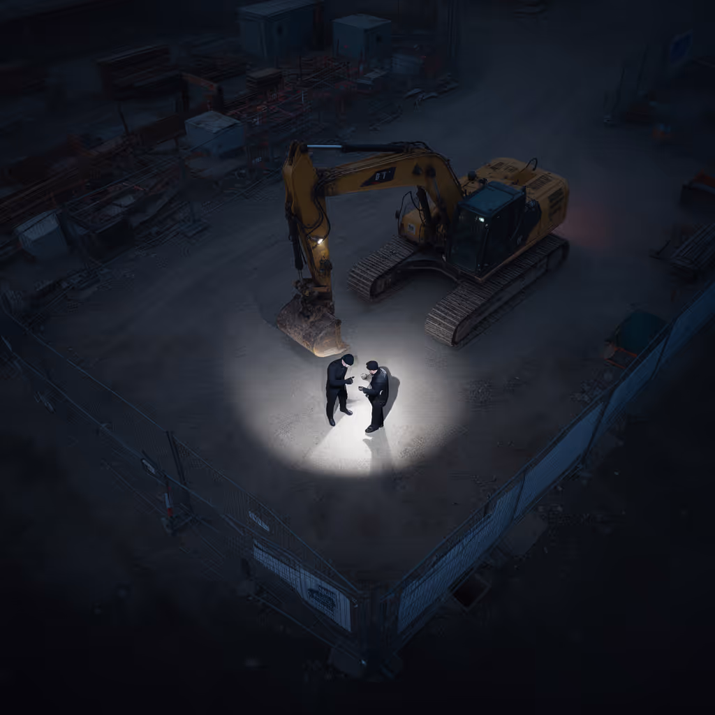 Construction site under drone surveillance at night with tracked equipment and materials