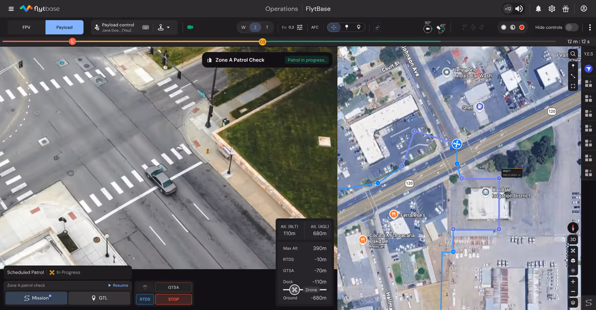 Drone feed with AI overlays highlighting detected people and vehicles on a client site