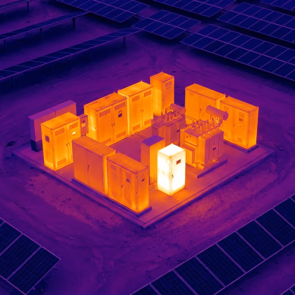 Thermal image of inverters and transformers with AI overlay flagging anomalous heat signatures