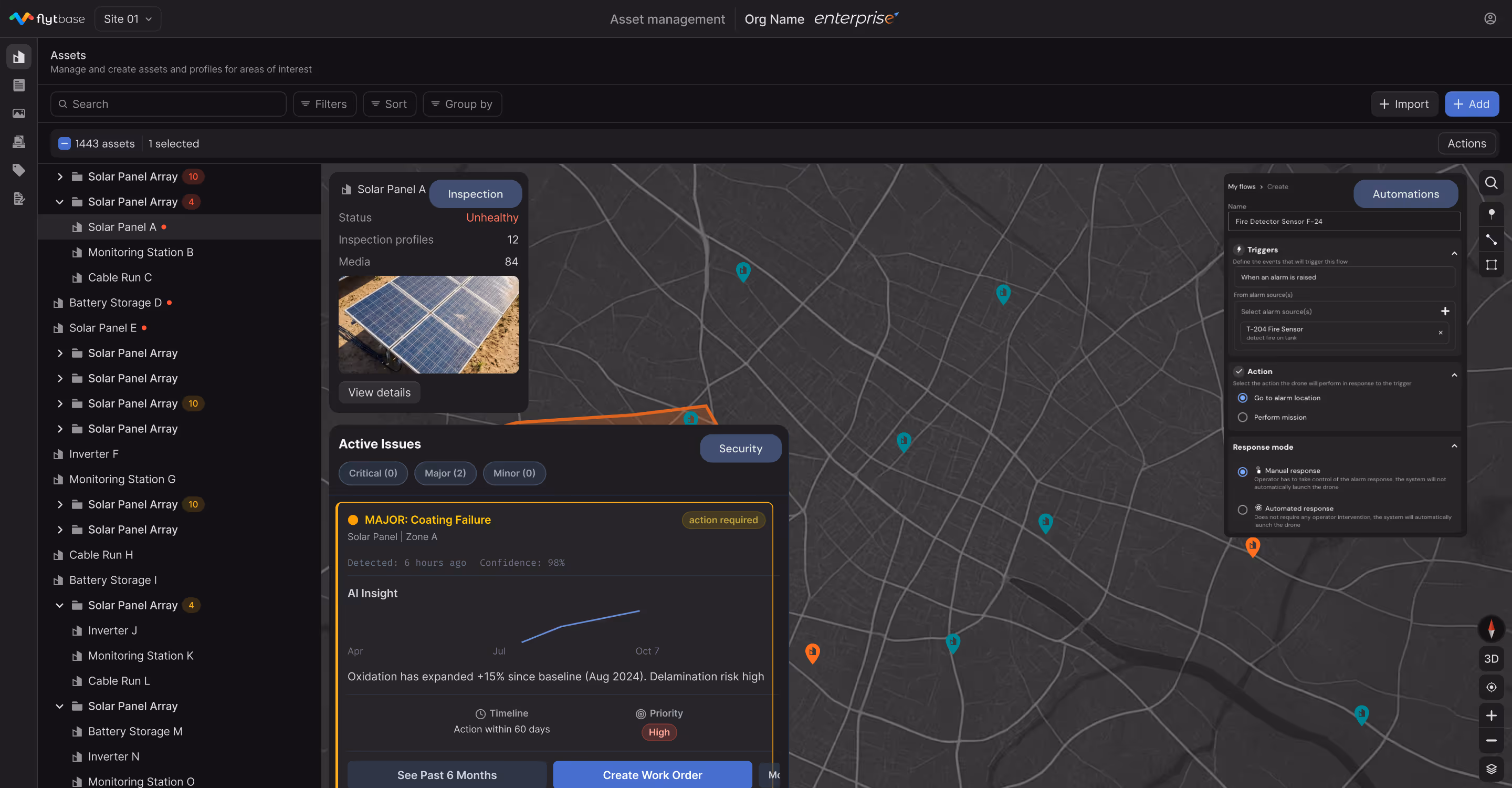 Drone dock deployed at a solar farm executing automated inspection missions across panel rows