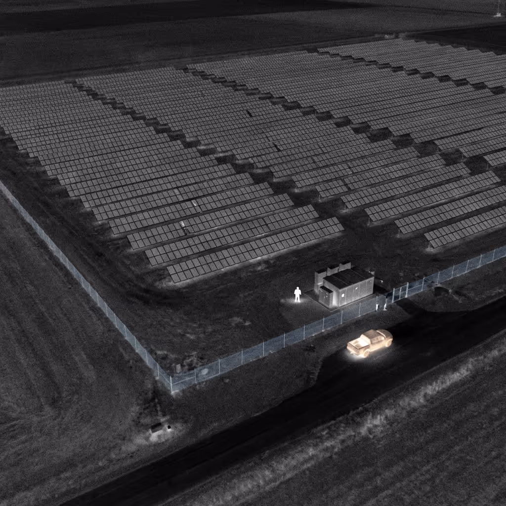 Night security patrol at a fenced solar farm monitored with autonomous after-hours drone surveillance