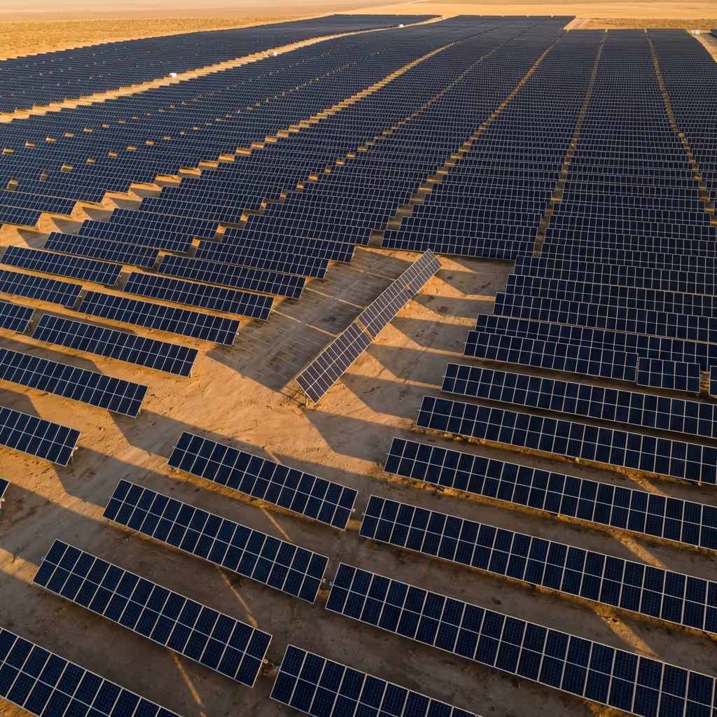 Aerial view of a large solar farm with rows of solar panels installed on sandy terrain