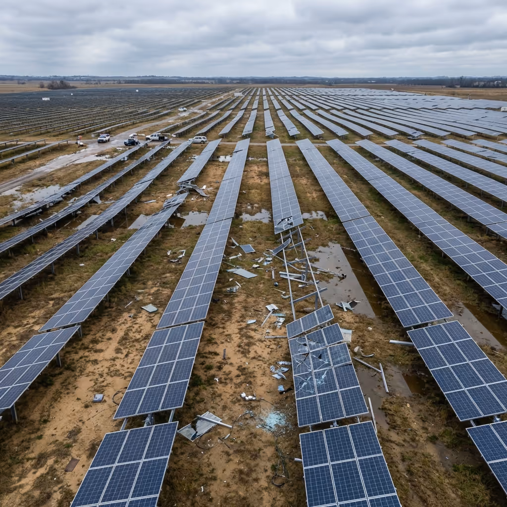 Large solar farm with rows of panels, some damaged and scattered, under a cloudy sky