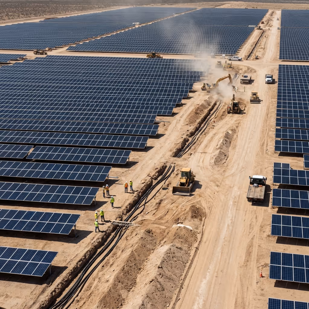 Utility-scale solar farm panels arrayed across a field inspected with autonomous drone thermal missions