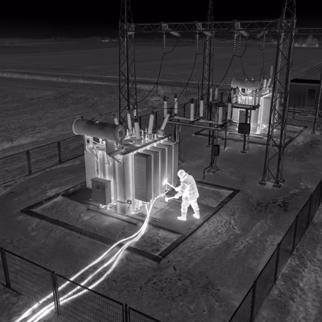 Thermal image of a worker inspecting electrical transformers at a substation at night