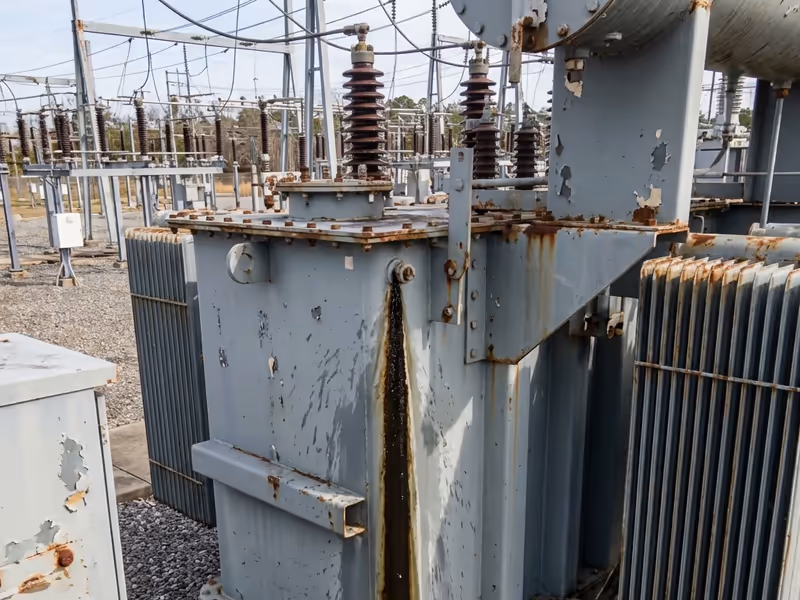 Rusty electrical transformer with visible corrosion at a substation