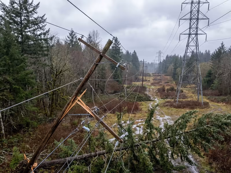Fallen tree snapping a wooden utility pole with low-hanging power lines