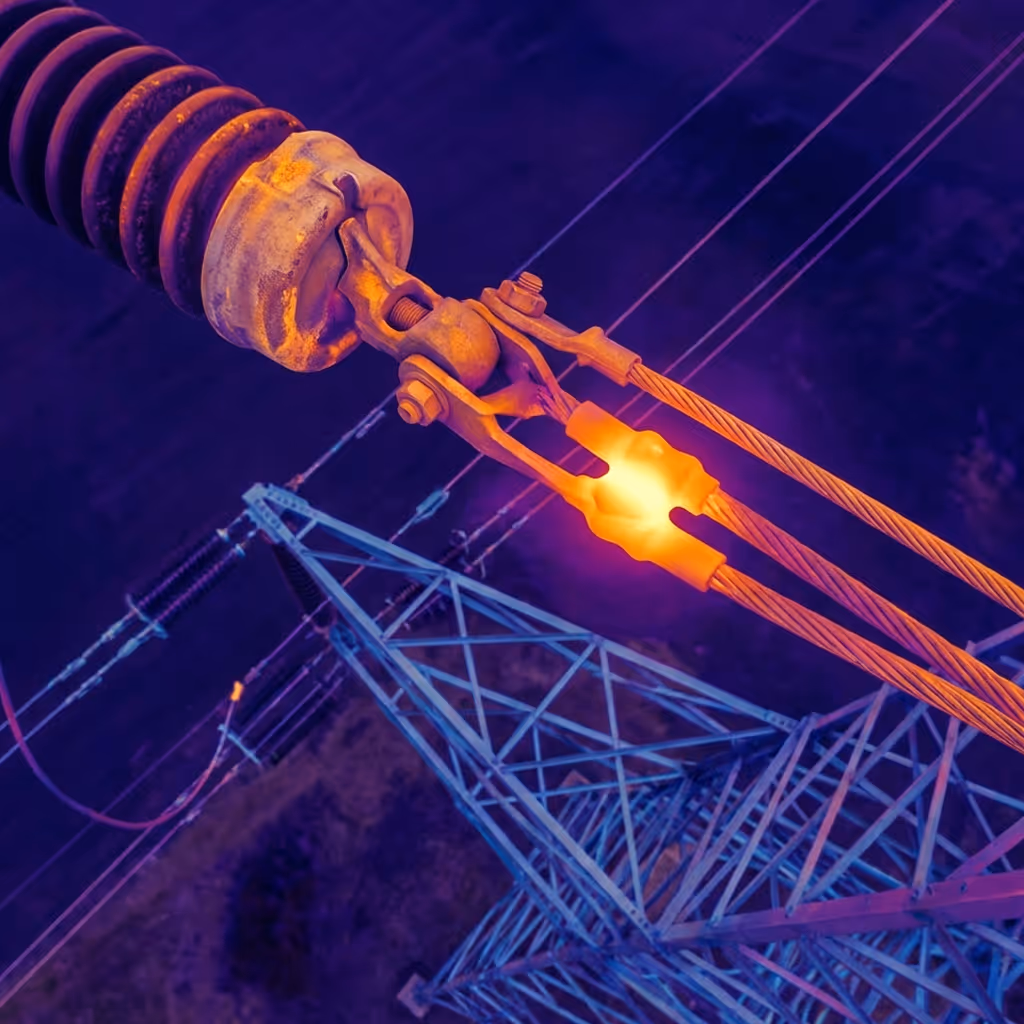 Close-up of a glowing electrical connector on high-voltage power lines at night