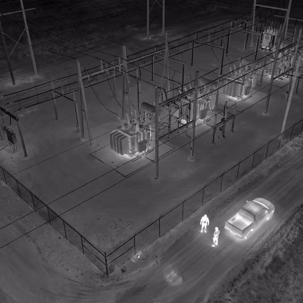 Thermal image showing two people next to a car outside a fenced substation