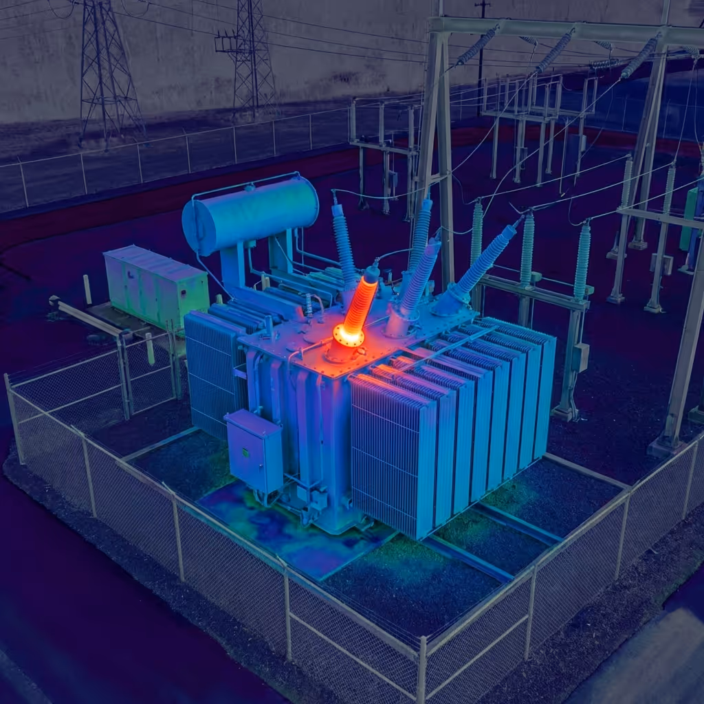 Thermal image of an electrical transformer showing one component overheating