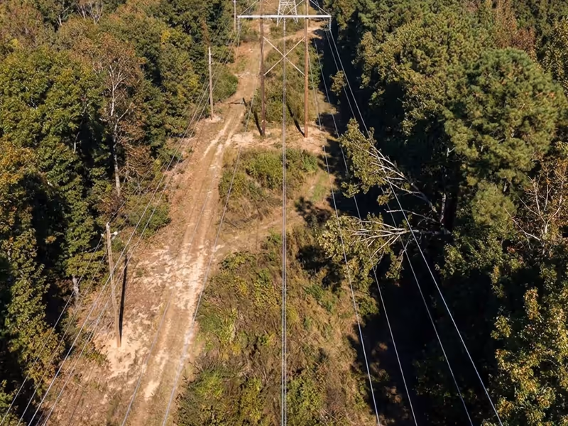 Aerial view of power lines running through a cleared corridor in a dense forest