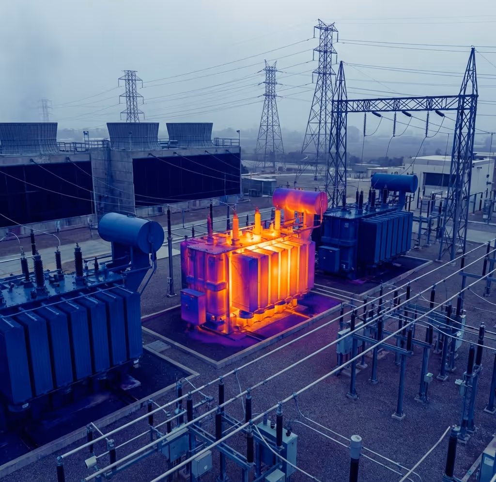 Thermal image of electrical transformers at a power substation showing heat distribution