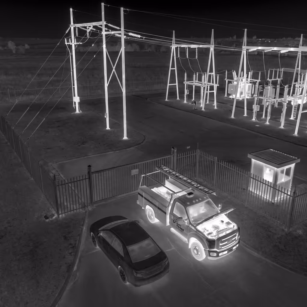 Thermal image showing two vehicles parked near a substation at night