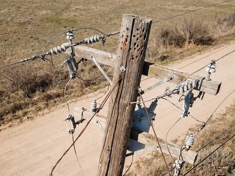 Weathered wooden utility pole with insulators and wires in a dry grassy area