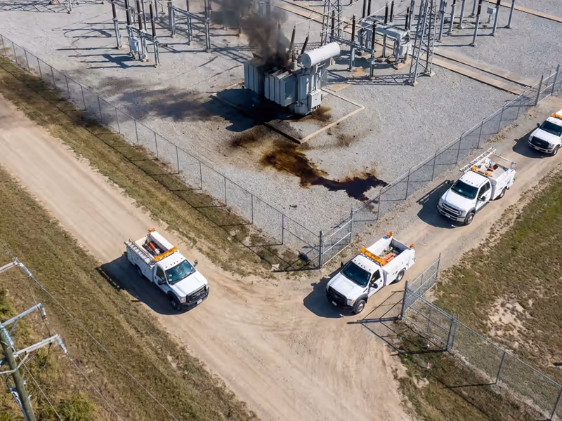 Power substation with a transformer emitting smoke and utility trucks on site