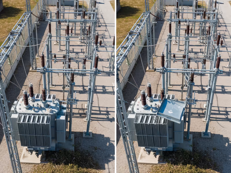 Side-by-side comparison images of an electrical substation showing changes