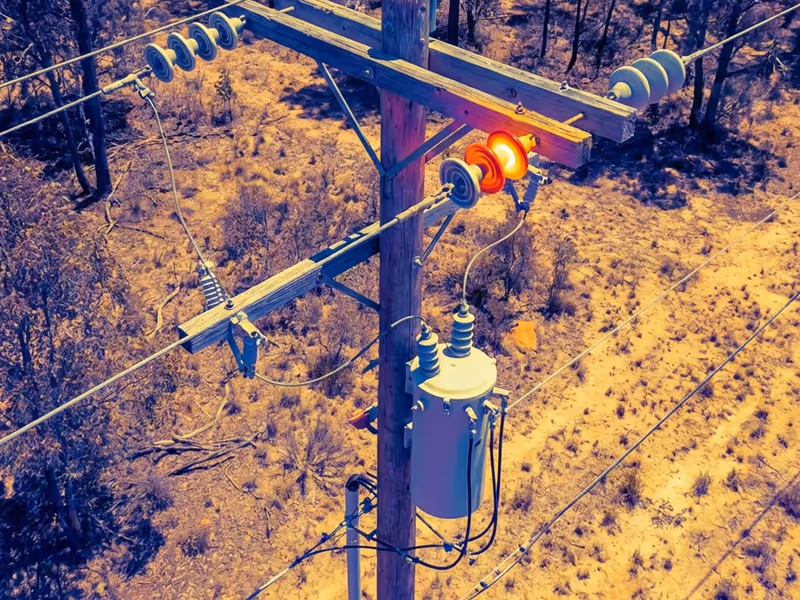 Electric utility pole with transformer and insulators among dry vegetation