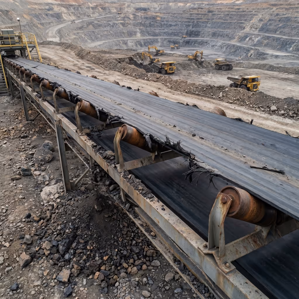 Worn conveyor belt and heavy trucks inside a large open-pit mining quarry