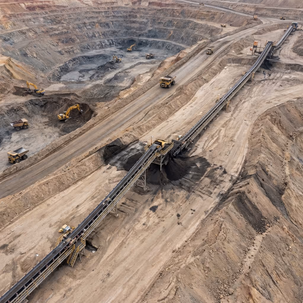 Aerial view of an open-pit mine with large excavation machinery, dump trucks, and a long conveyor belt transporting materials