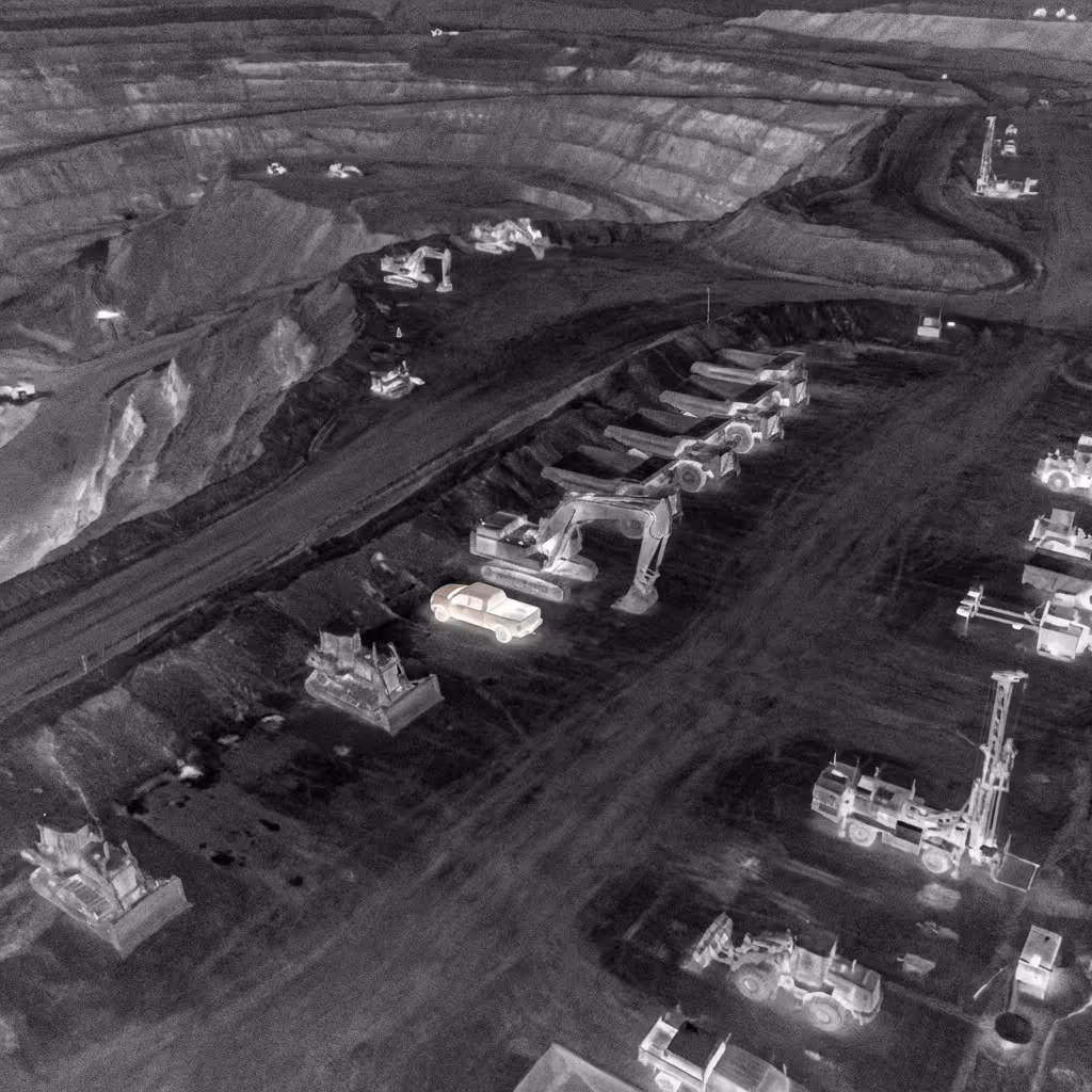 Thermal image of an open-pit mine with heavy machinery and vehicles visible as bright spots against the dark earth
