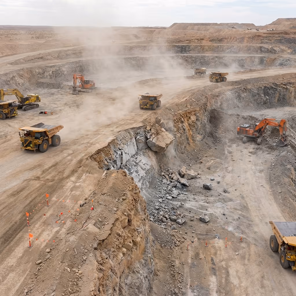 Open-pit mining site with several large dump trucks and excavators working amidst dust and rocky terrain