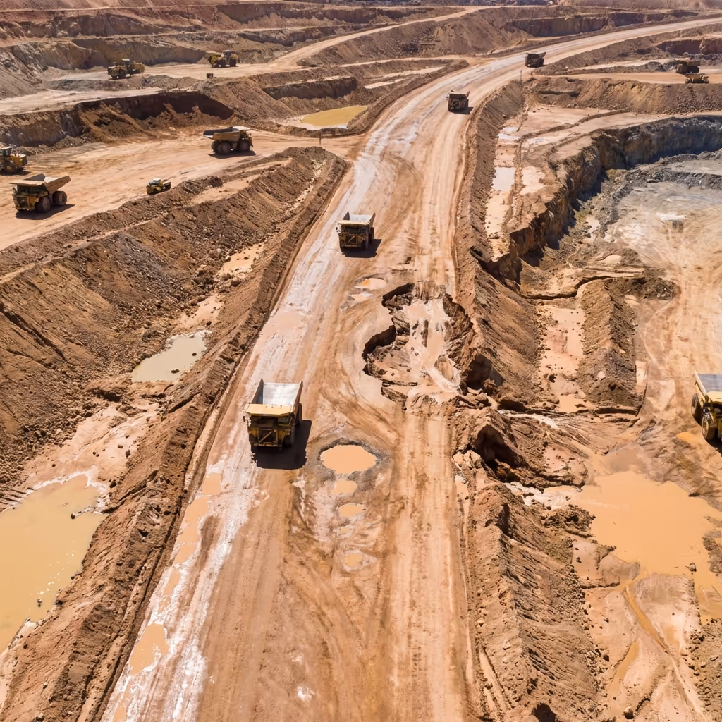 A large open-pit mining site with multiple heavy dump trucks transporting earth on muddy roads
