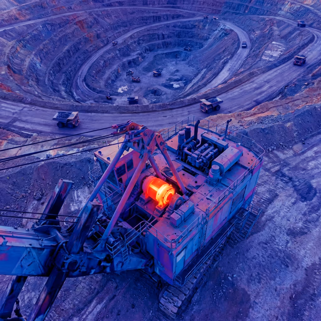 Large mining excavator operating in an open pit mine with dump trucks on terraced roads in the background