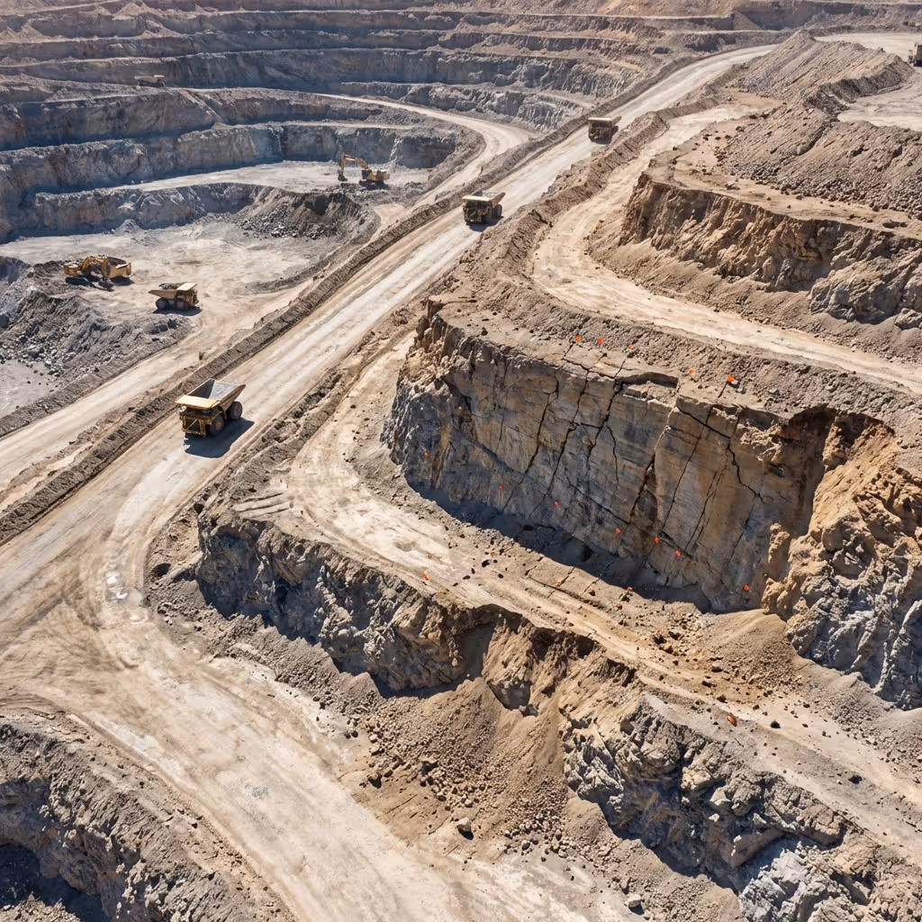 Open-pit mine with terraced layers, heavy machinery, and dump trucks on dirt roads