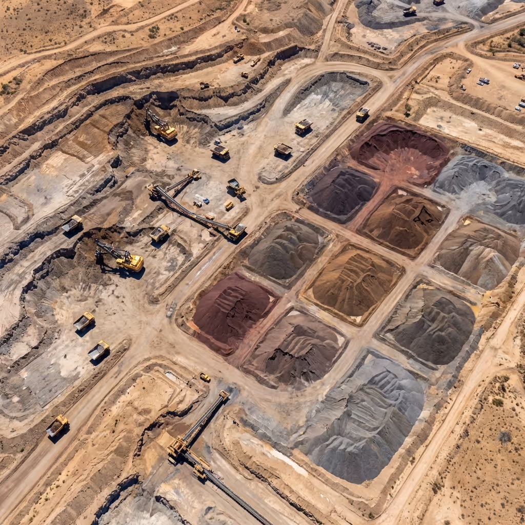 Aerial view of a mining site with heavy machinery and large segmented stockpiles of different colored minerals and materials