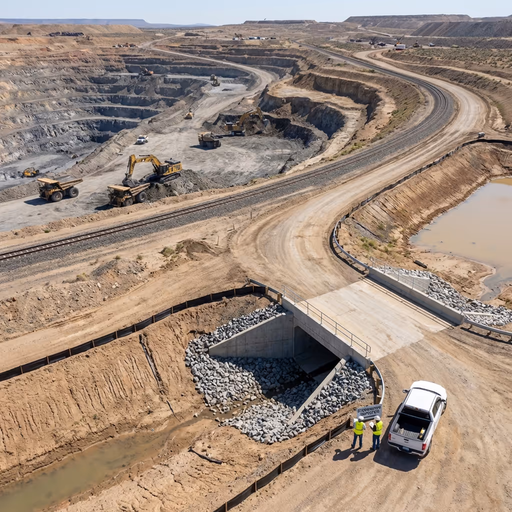 Open-pit mining site with construction equipment and two workers standing near a white pickup truck beside a dirt road