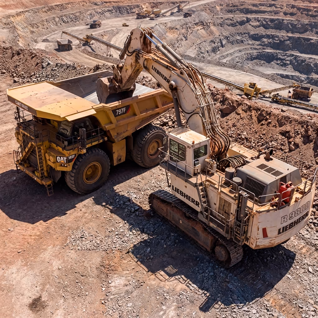 Large mining excavator loading earth into a heavy dump truck in an open-pit mine