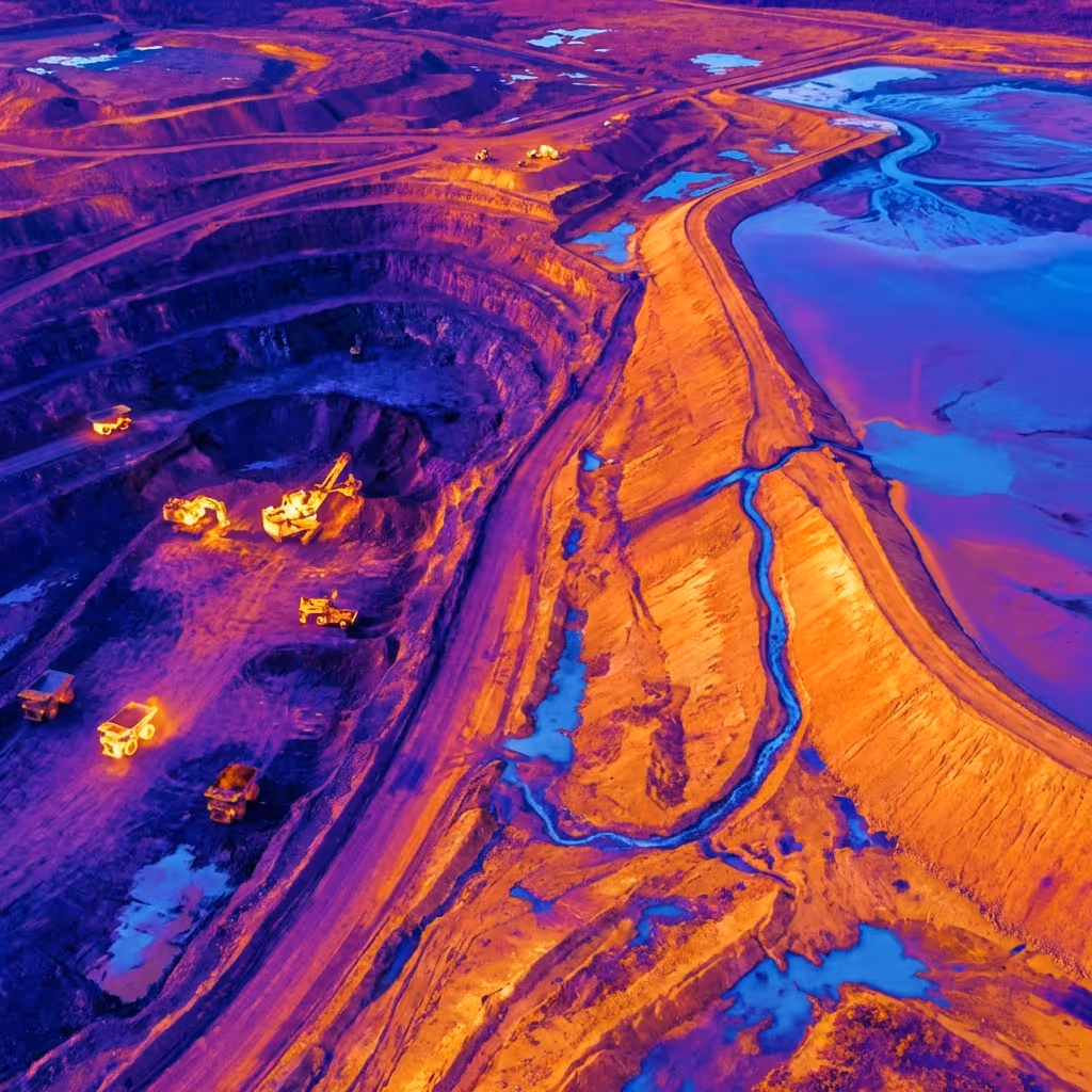 Aerial thermal image of an open-pit mine showing terraced excavation levels, mining trucks, and water bodies adjacent to the site