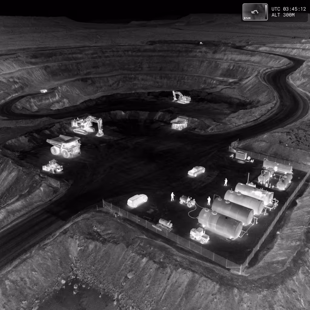 Thermal image of an open-pit mine showing excavation vehicles, equipment, and workers emitting heat