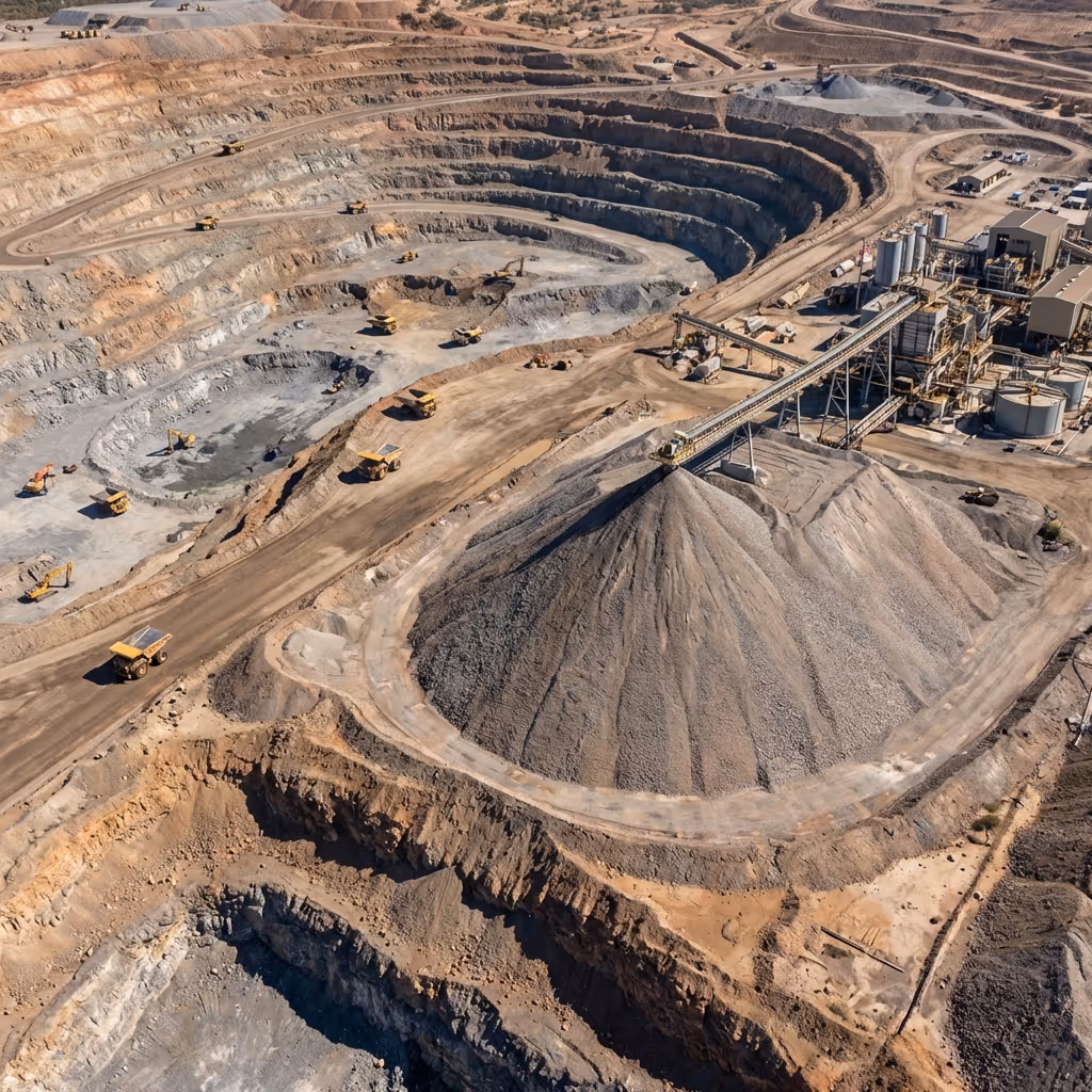 Aerial view of an open-pit mine with terraced excavation levels, dump trucks, excavators, and a large conical pile of mined material