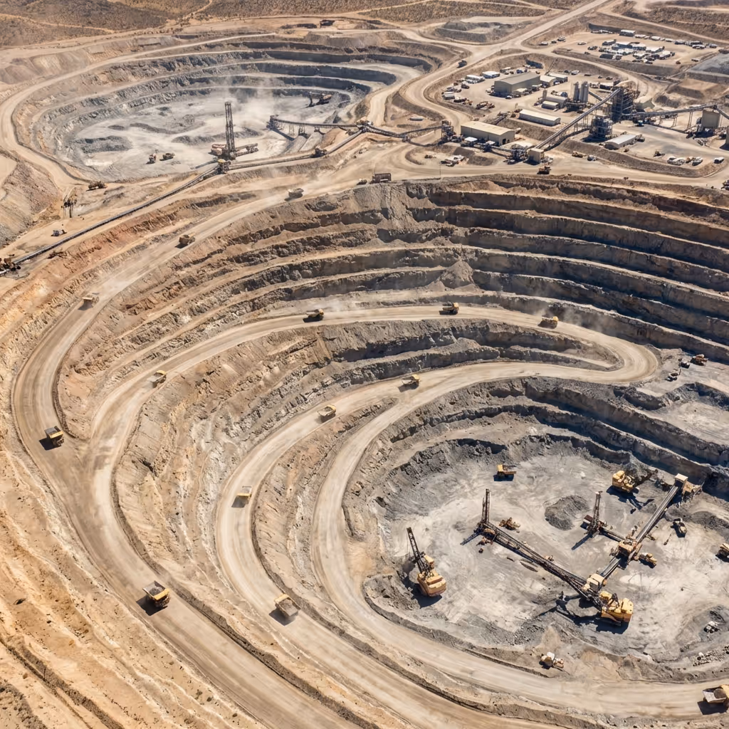 Aerial view of a large open-pit mine with terraced roads and heavy mining machinery operating on multiple levels