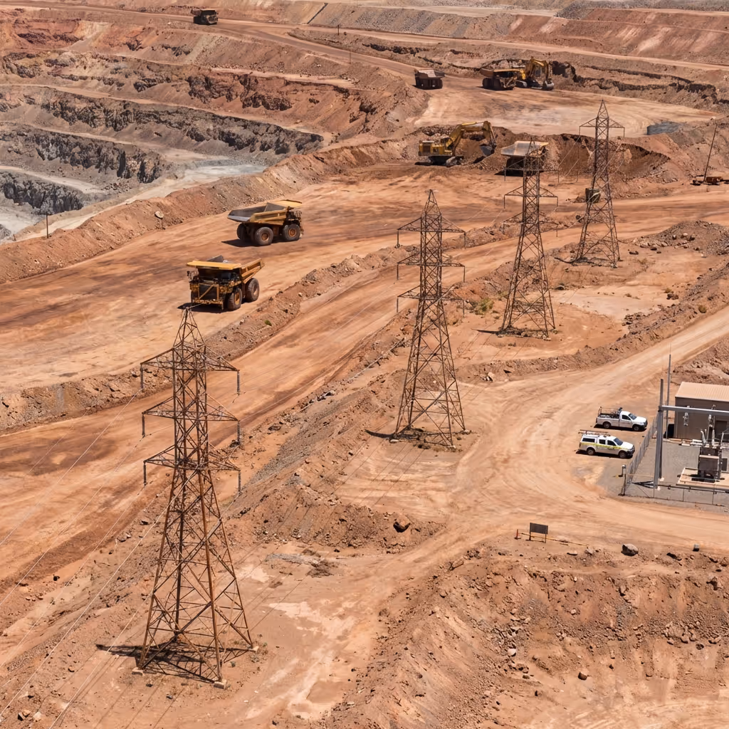 Open-pit mine with heavy machinery, including dump trucks and excavators, and power transmission towers on dirt roads
