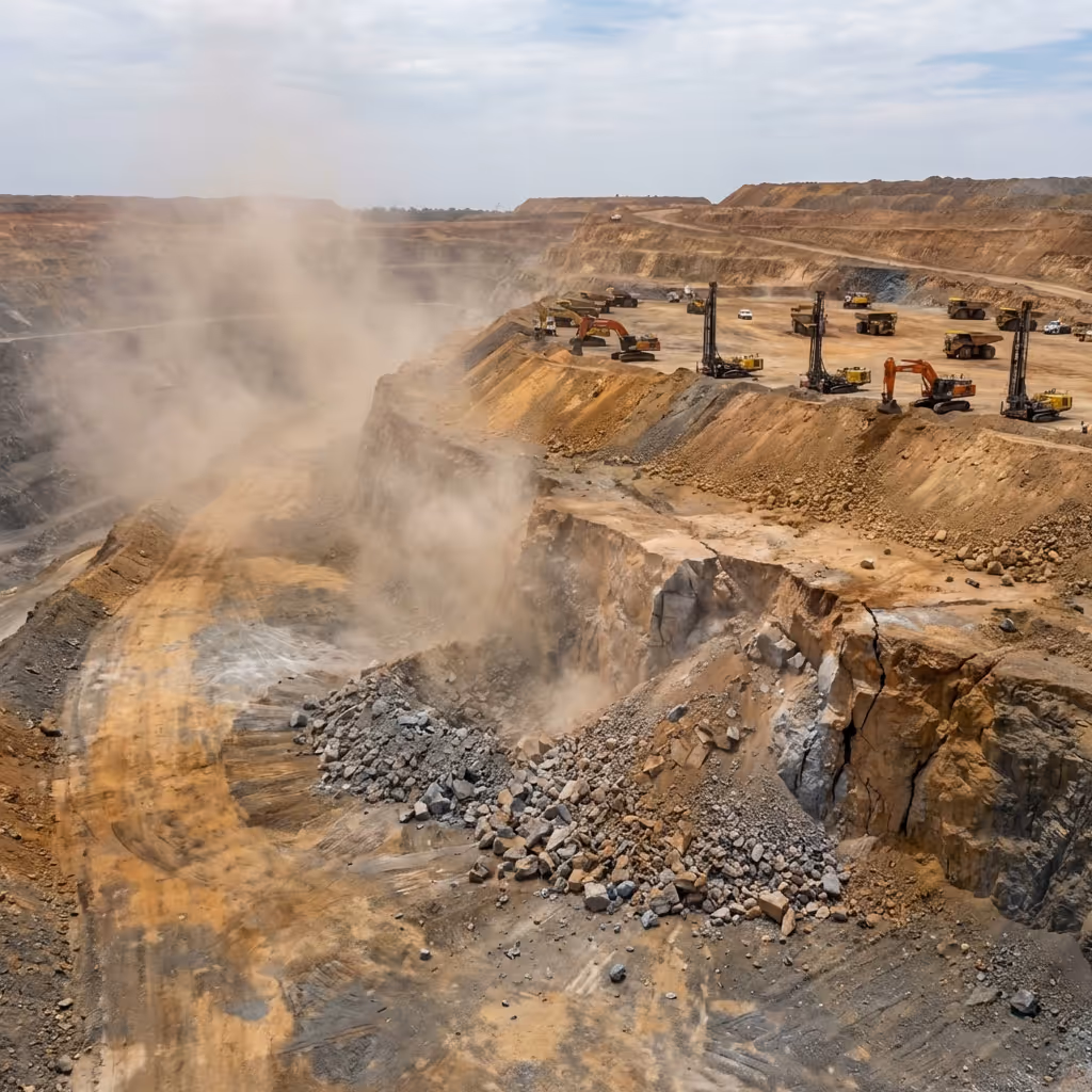 Large open-pit mine with excavators, drilling machines, and mining trucks amid dust and rock debris