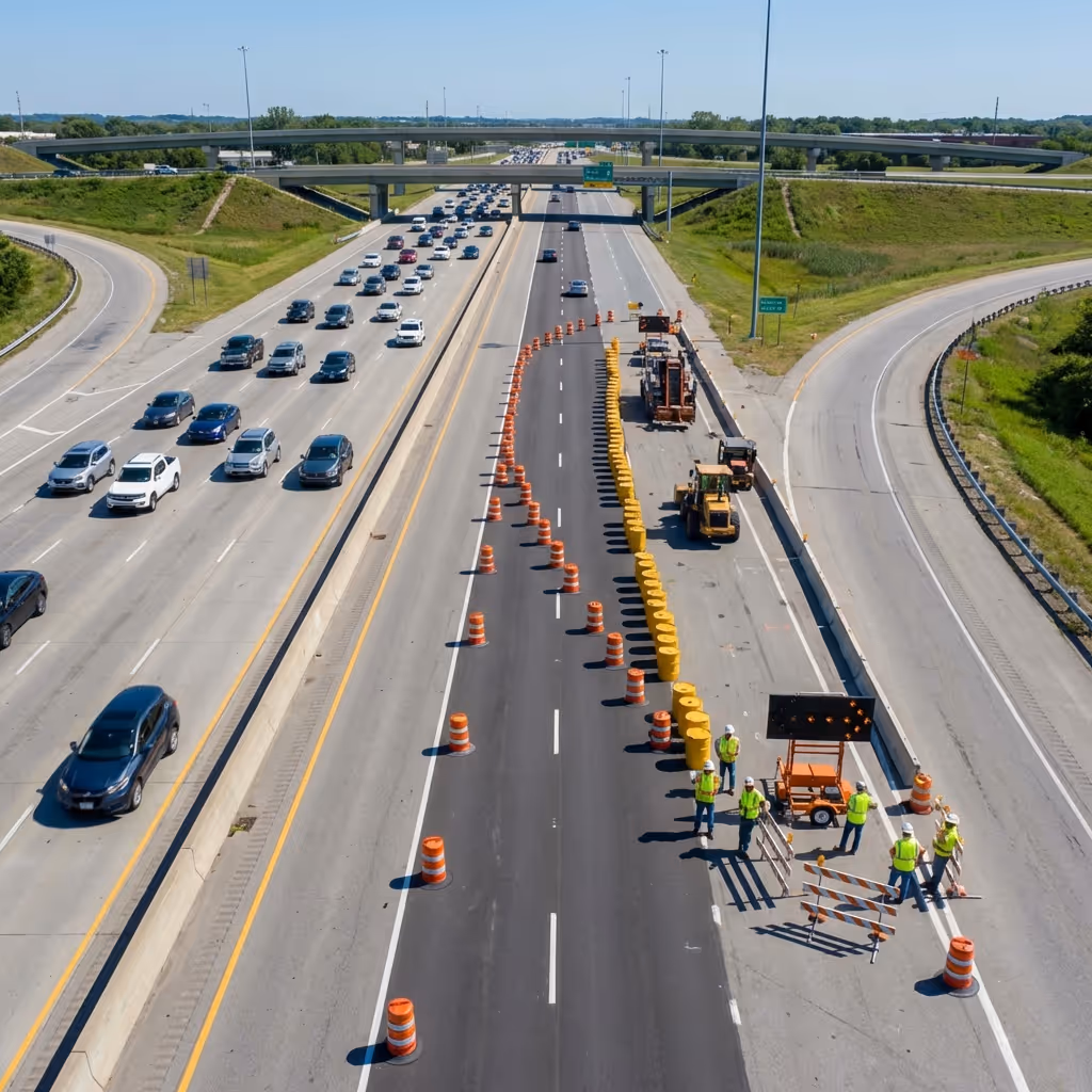 Highway work zone with AI overlay flagging missing barrier segments and unsafe worker positions