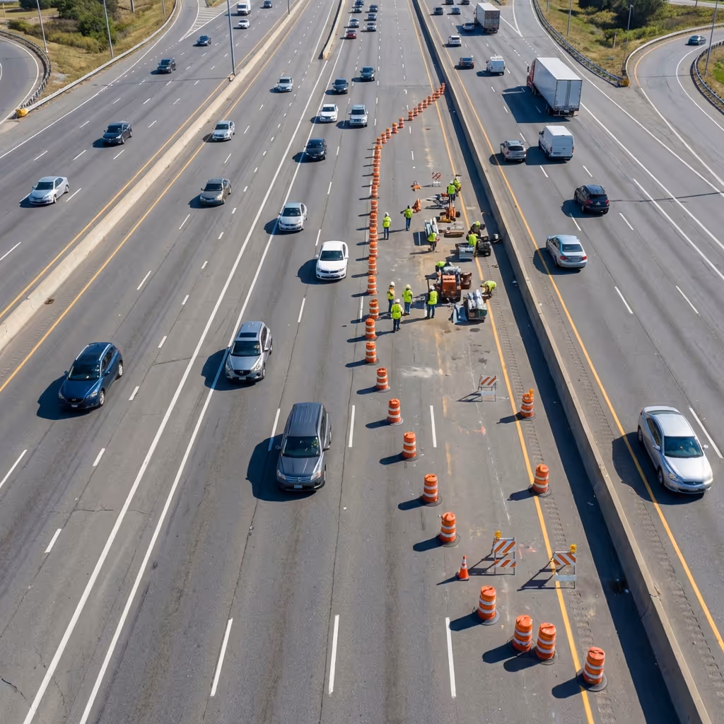 Aerial view of a highway work zone with cones, barriers, and construction crews