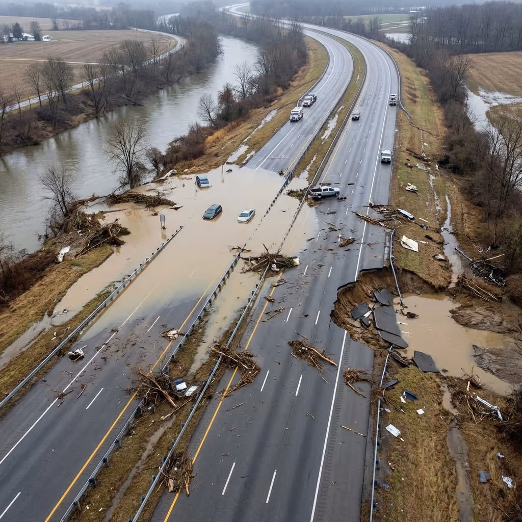 Aerial view of a flooded highway section with submerged pavement and washed-out shoulder