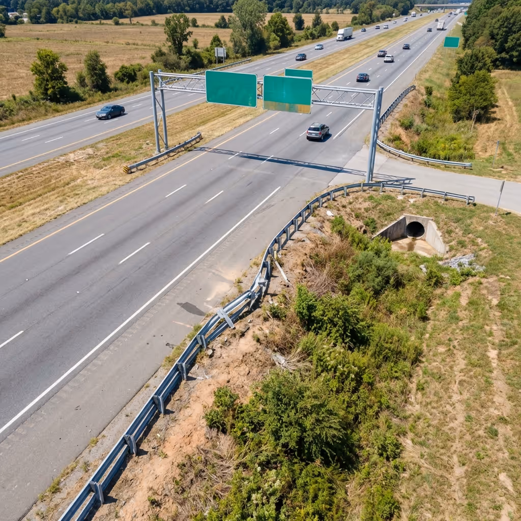 Aerial view of a deteriorated highway showing pavement cracks and damaged shoulder