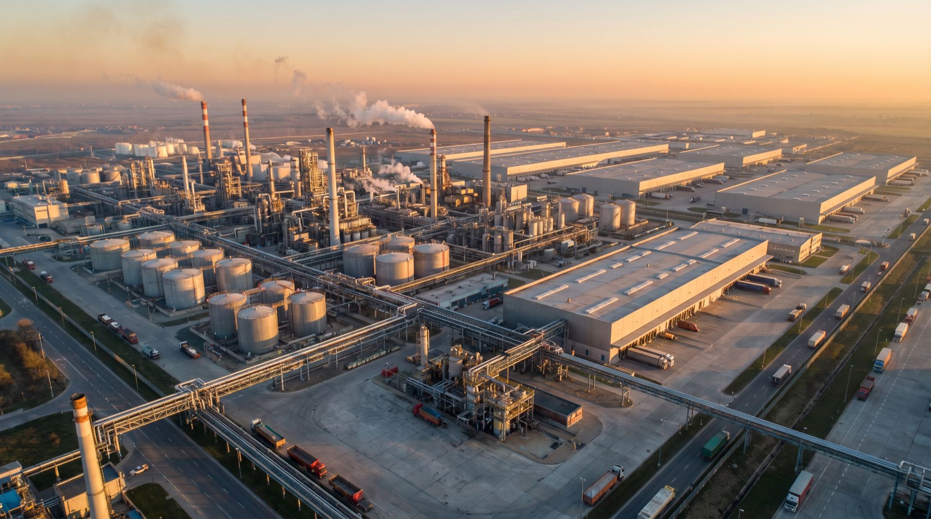 Aerial view of an oil refinery with large white cylindrical storage tanks and industrial structures in a desert landscape at sunset