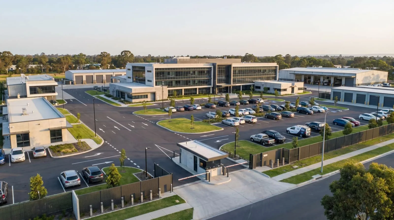 Autonomous drone monitoring a secured commercial facility at dusk with perimeter lights active
