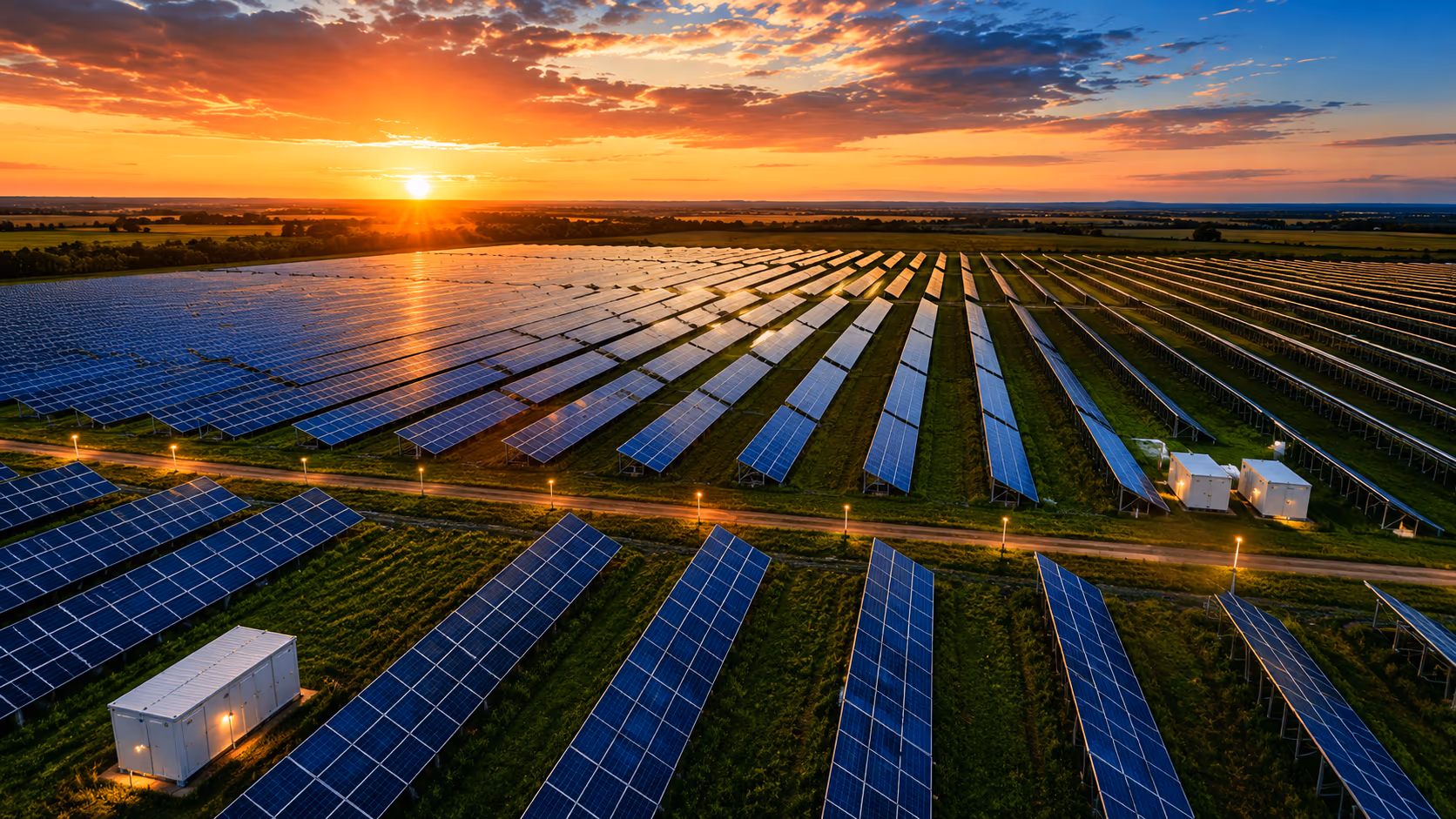 A large solar farm with many rows of blue solar panels on grassy land surrounded by trees and hills under a clear sky