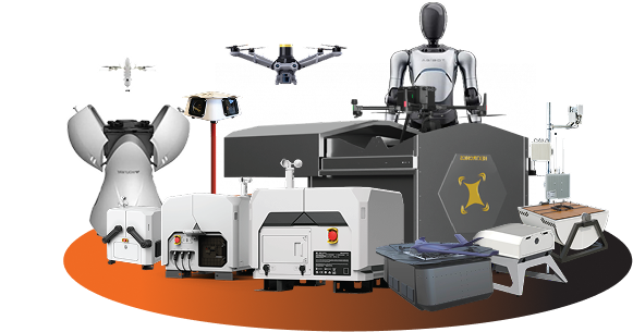 A collage of FlytBase-supported enterprise drones, weatherproof docking stations, and mission-specific payloads, arranged on the FlytBase orange brand ellipse.