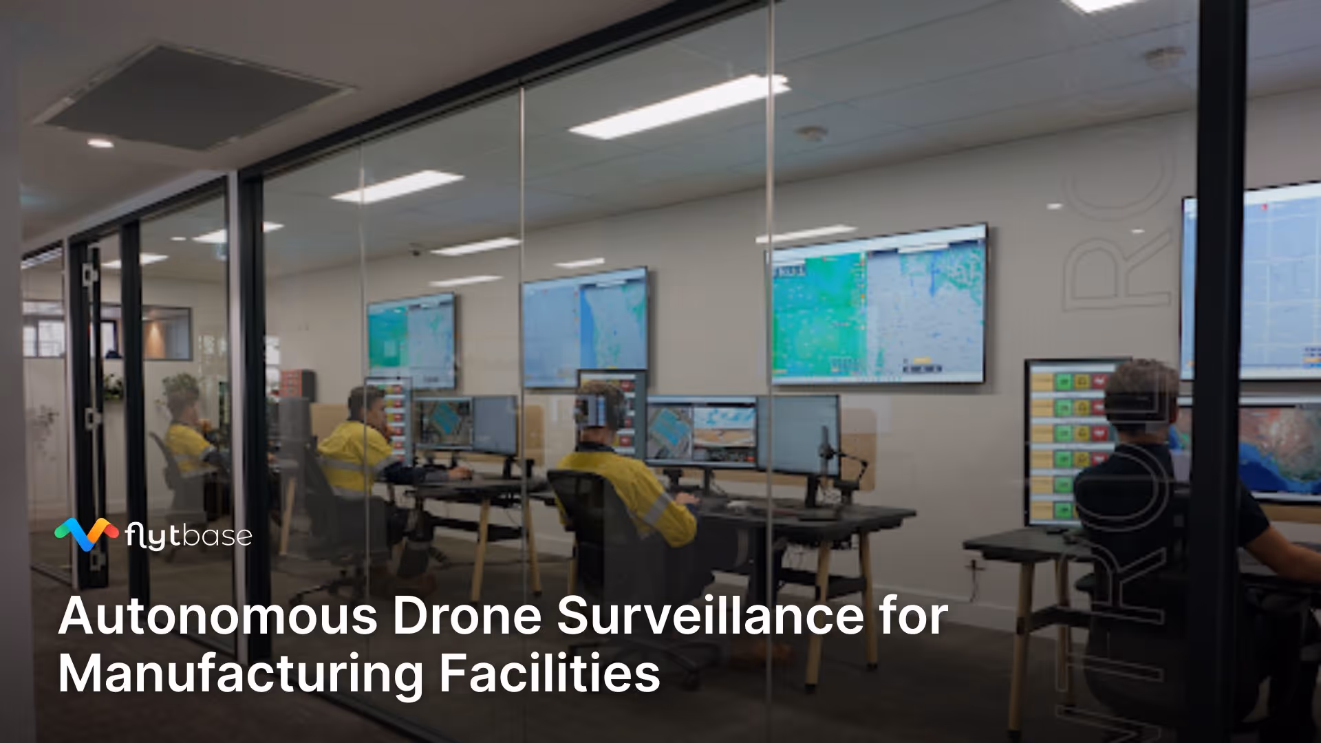 Aerial view of an industrial manufacturing perimeter being surveilled by a drone.